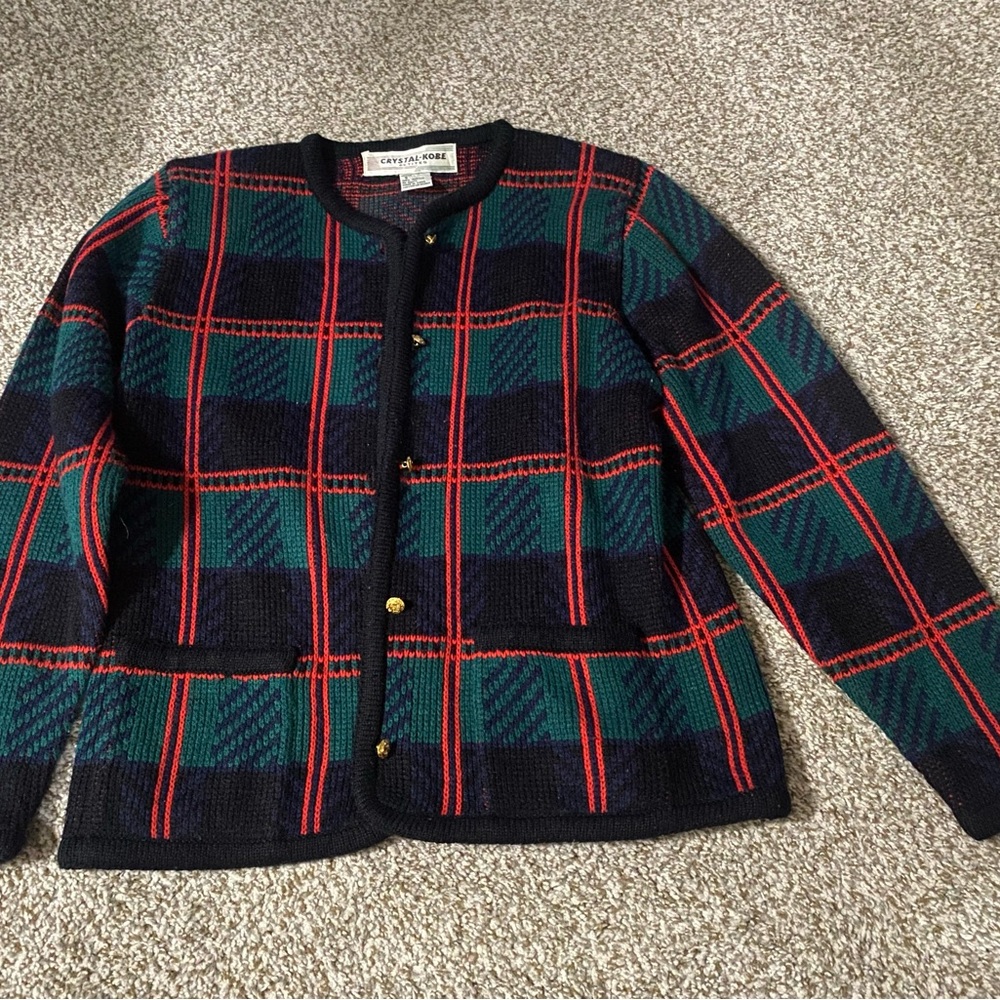 Crystal KobePlaid Knit shoulder pads Cardigan